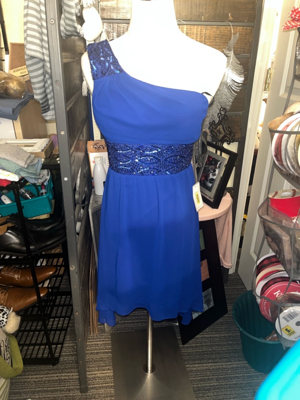 B Darlin One-Shoulder Navy Dress with Sequins